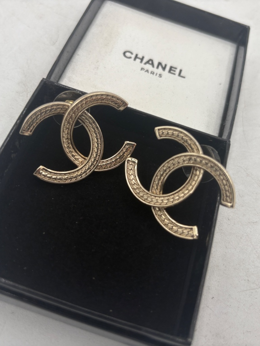 Chanel Large CC Stud Earrings Gold Tone Metal